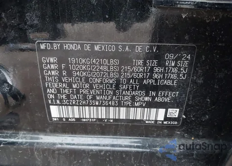 2025 Honda Hr-V Exl из США, поврежденный, VIN 3CZRZ2H73SM736483